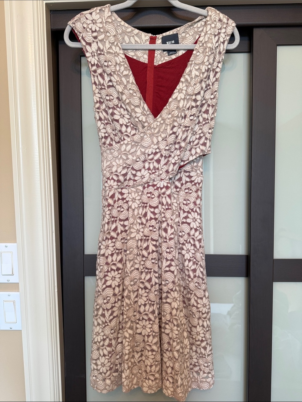 Anthropologie Maeve Red and Cream Lace Wrap Top Dress